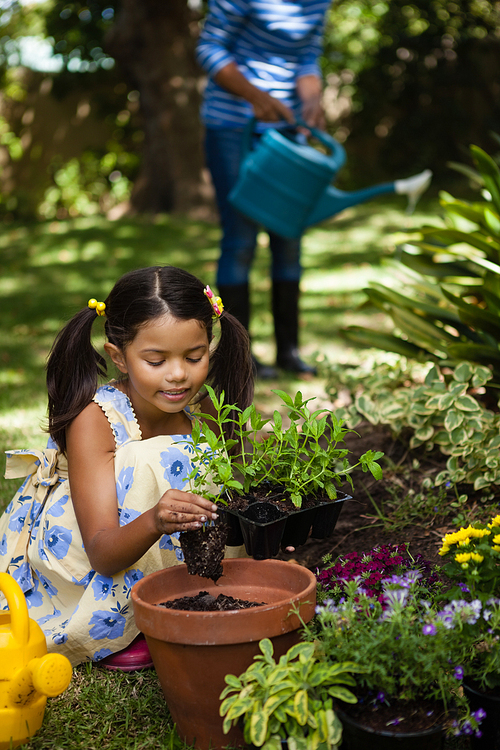 Girl planting in pot while grandmother watering plants at backyard