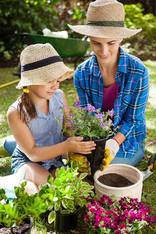 Smiling mother and daughter holding potted plant while gardening in backyard
