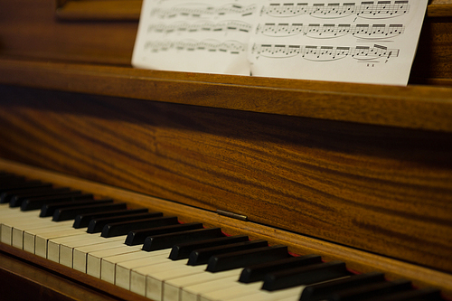 Close up of piano and sheet music in school