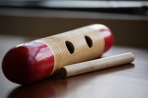 Close up of musical instrument on wooden table in classroom