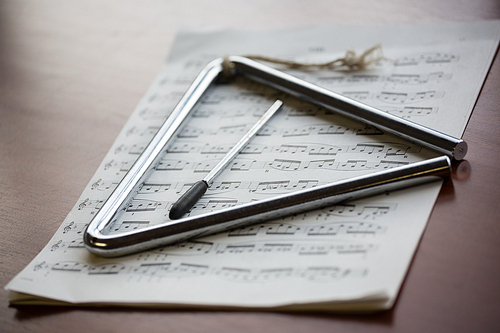 Close up of musical instrument with sheet music on table in classroom