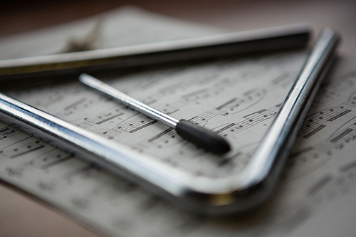 Musical instrument with sheet music on table in classroom