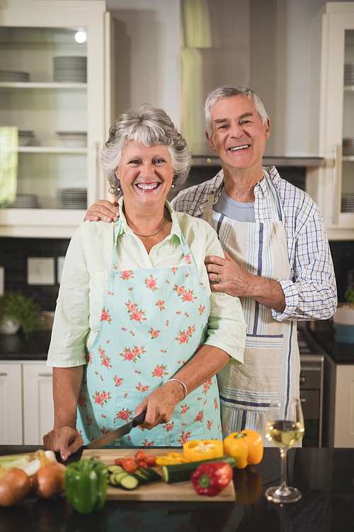 Portrait of happy senior couple standing together in kitchen at home