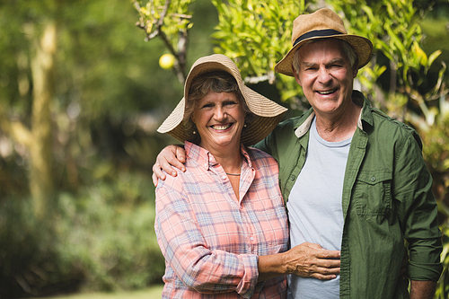 Portrait of smiling senior couple embraing against plants in yard