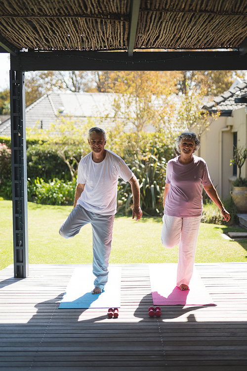 Smiling senior couple exercising together on mat at porch during sunny day