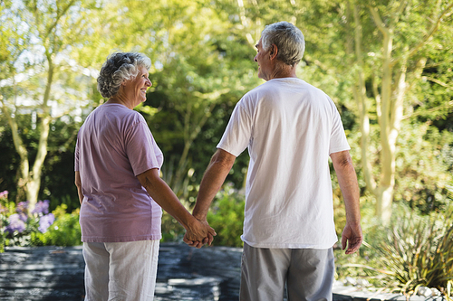 Rear view of happy senior couple holding hands while standing together at park