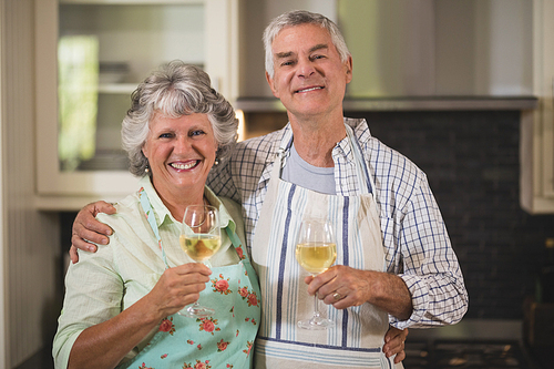 Portrait of smiling senior couple holding wine glasses while standing together in kitchen at home
