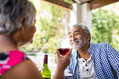 Happy couple having wine while sitting in yard