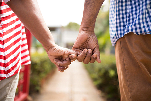 Cropped image of senior couple holding little fingers while standing in yard