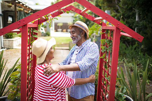 Smiling senior couple standing face to face by metallic structure in yard