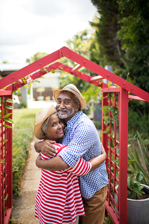 Portrait of senior couple embracing while standing by metallic structure in yard