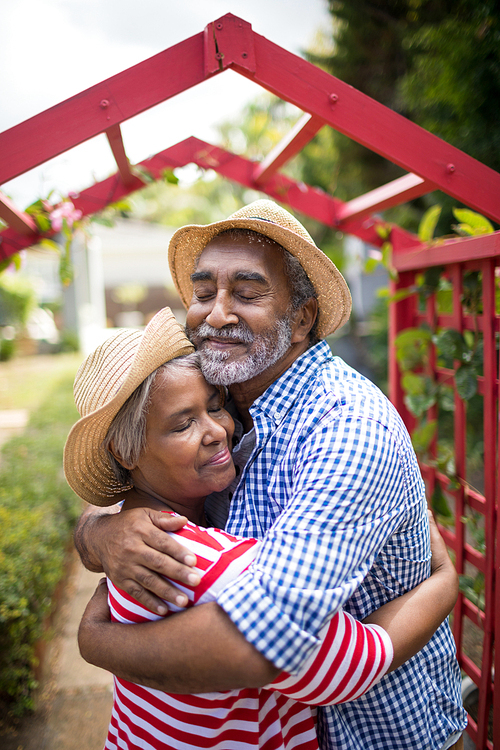 Affectionate senior couple embracing while standing by metallic structure in yard