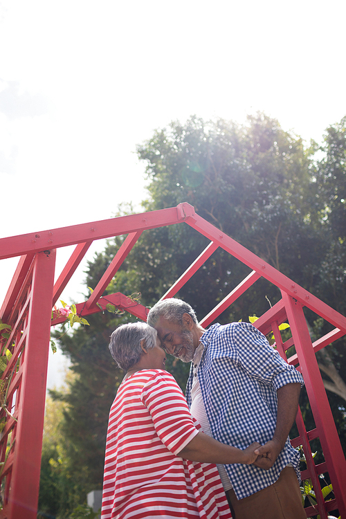 Low angle view of affectionate senior couple standing by metallic structure in yard against sky