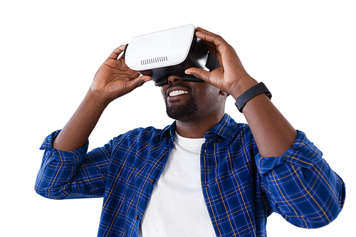 Smiling man using virtual reality headset