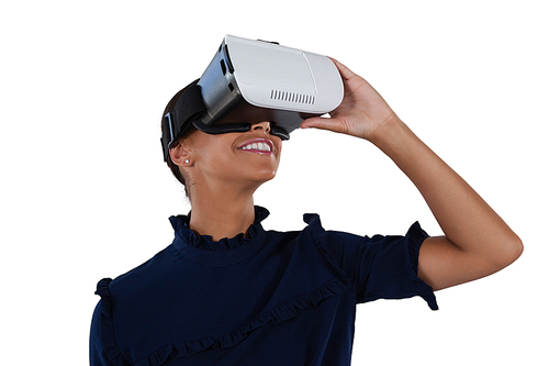 Close-up of woman using virtual reality headset