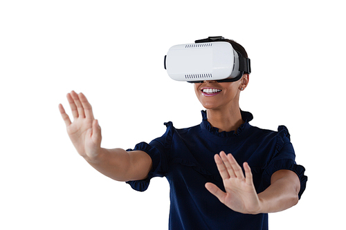 Smiling woman gesturing while using virtual reality headset