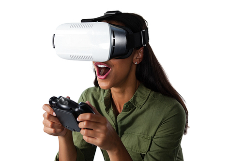 Woman playing video game with virtual reality headset against white background