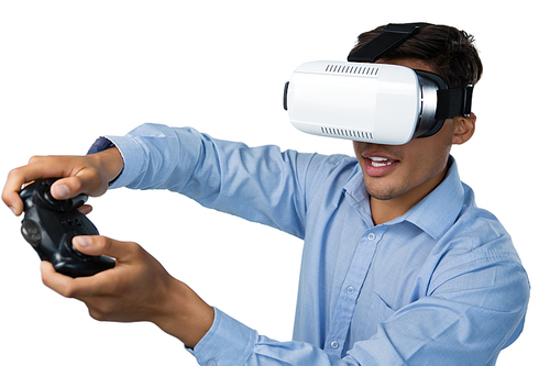 Creative businessman wearing vr glasses while video game against white background