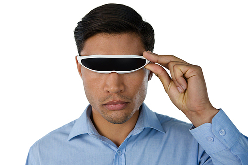 Close up of businessman using smart glasses against white background