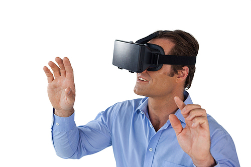 High angle view of businessman wearing vr glasses against white background
