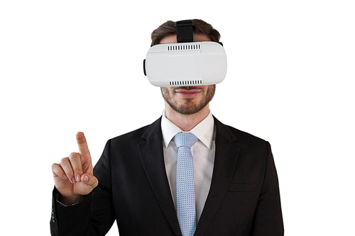 Businessman in suit wearing vr glasses against white background