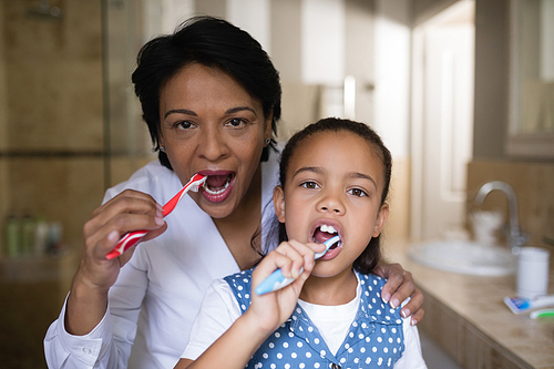 Portrait of smiling girl and grandmother brushing teeth in bathroom