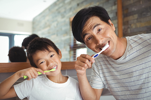 Portrait of father and son brushing teeth in the bathroom