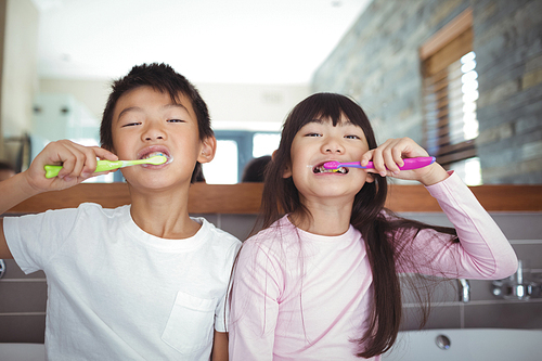 Portrait of siblings brushing teeth in the bathroom at home