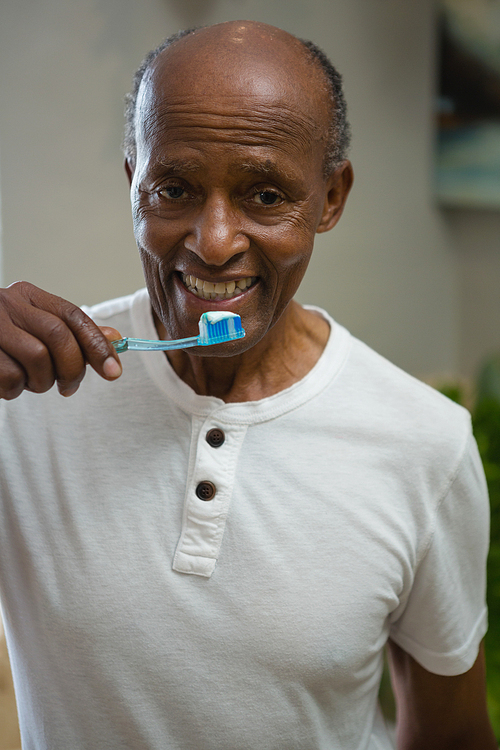 Portrait of smiling senior man brushing teeth while standing in bathroom at home