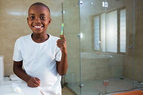 Portrait of smiling boy holding toothbrush at domestic bathroom