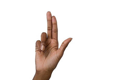 Close up of hand gesturing against white background