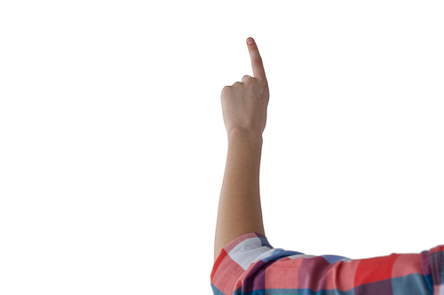 Mid-section of girl pressing an invisible virtual screen against white background