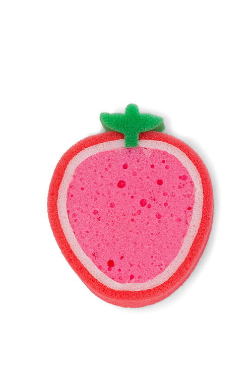 Close-up of strawberry shaped scouring pad on white background