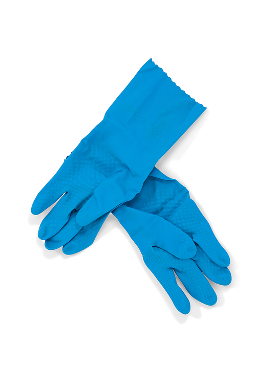 Pair of blue rubber gloves on white background