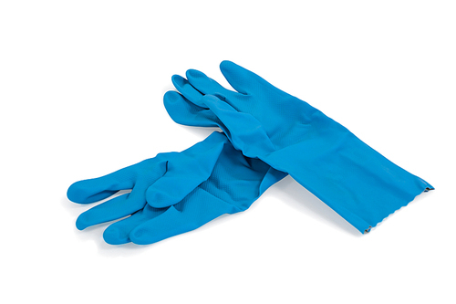 Pair of blue rubber gloves on white background
