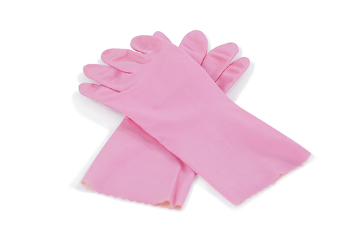 Pair of purple rubber gloves on white background