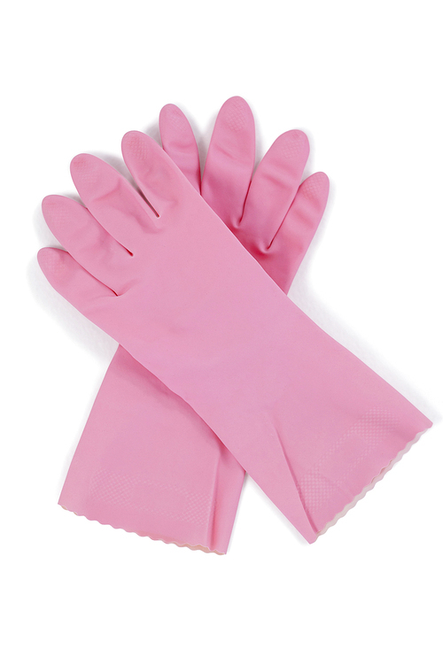 Pair of purple rubber gloves on white background