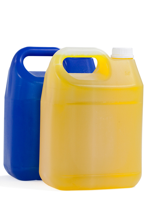 Two detergent containers arranged on white background