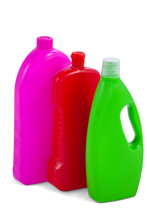 Various detergent containers arranged on white background