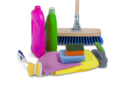 Detergent containers, scouring pad, towel, napkin cloth and floor mop arranged on white background