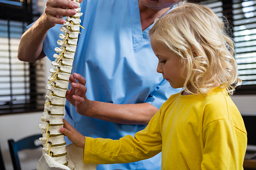 Physiotherapist explaining the spine to girl patient in the clinic