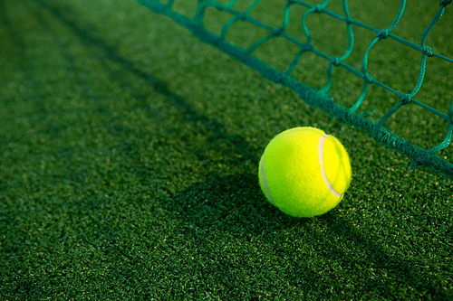 Close up of tennis ball by net on court