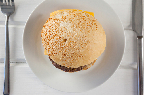 Overhead of hamburger served in plate