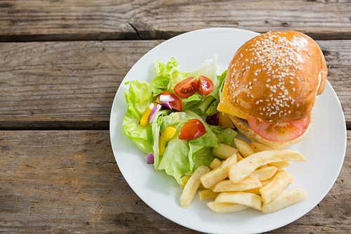 overhead view of burger and french fries with s served in plate on table