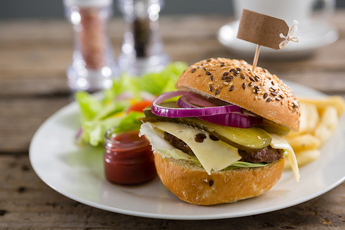 Close up of hamburger with label served in plate