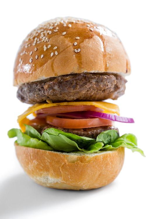 hamburger with s and cheese against white background