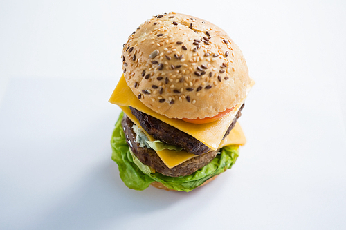 high angle view of hamburger with s and cheese on table