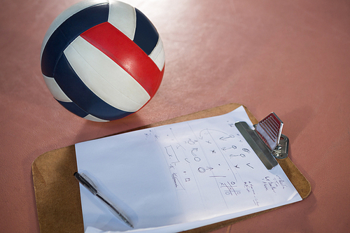 Close-up of volleyball and clipboard in the court