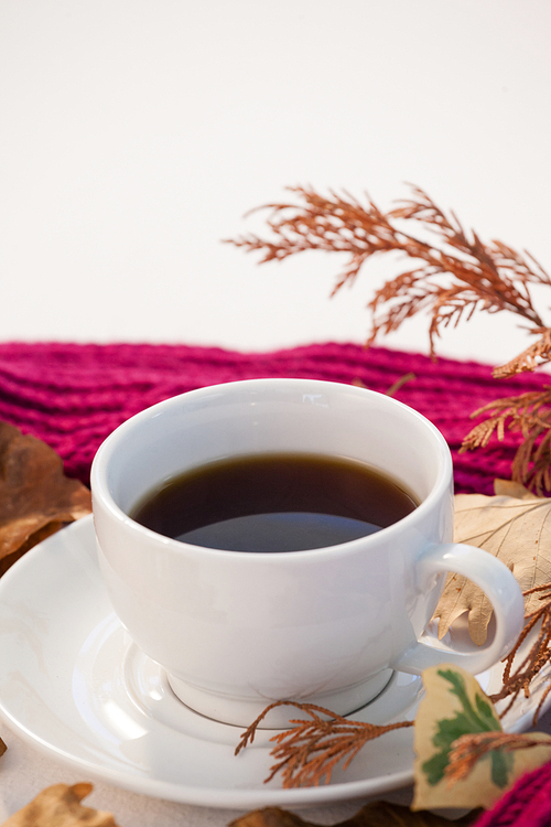 cup of 홍차 with autumn leaves and woolen cloth on white background