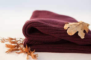 Woolen cloth with autumn leaves on white background
